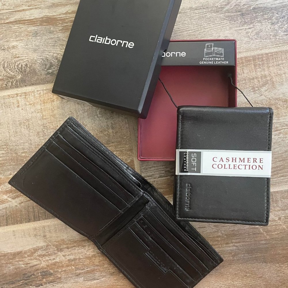 NWT Black Leather Claiborne Wallet - Set of TWO - Unisex Bifold Claiborne Wallet